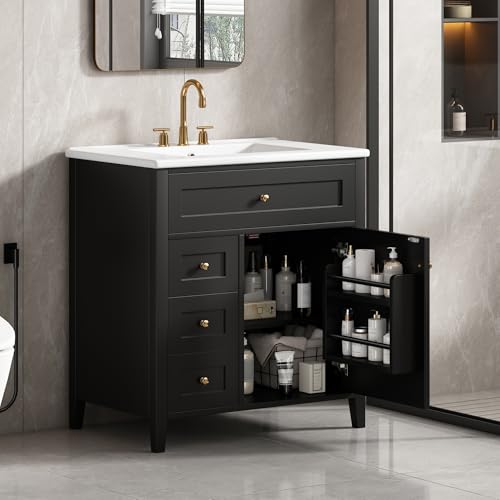 Image of 30 inch Bathroom Vanities with Top Set, Cabinet with Multi-Functional Tip-Out Drawer and Adjustable Shelf, Soft-Closing Door, Solid Wood Legs, Black