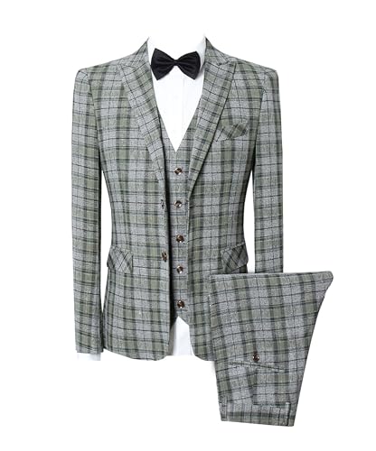 UNINUKOO Mens Suit Slim Fit 3 Piece Plaid Checked Tuxedo Formal Business Wedding Suits for Men