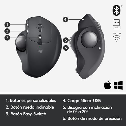 Logitech 910-005179 Ergo Ratón inalámbrico Trackball, Bluetooth o 2,4 GHz con receptor USB unificador, ángulo de trackball ajustable, rueda de desplazamiento de precisión, Color Negro Grafito