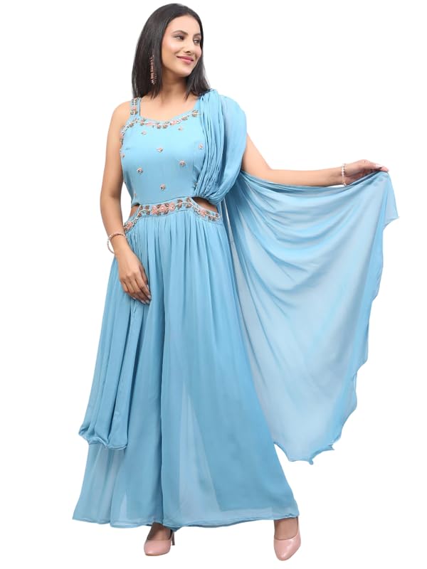 Icy Blue Indo Western Jumpsuit for Women | Georgette Embroidered Jumpsuit with Cut Dana & Sequin Work, Stylish Belt & Fitted Stole | Elegant Party & Festive Outfit-image-9