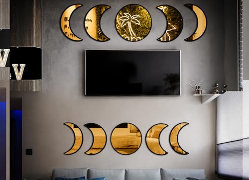 Image of Moon Phase Wall Decor with Black Laminated Pine Wood Frame & Golden Acrylic Mirror | Boho Celestial Wall Art for Living Room, Bedroom, Yoga & Meditation Room