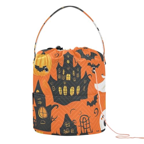 Image of Tatenale Crochet Bag Yarn Bag Knitting Project Bag with Pockets and Handle Portable Yarn Storage Organizer Tangle Free 8.3x11 InchFunny Orange Halloween Bat Castle Ghost Pumpkins17
