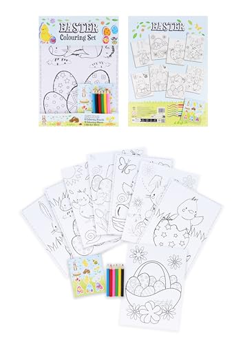 HENBRANDT Single Easter Colouring Set with 8 Sheets and 6 Mini Colouring Pencils A4 Colouring Children’s Spring Crafts Activity Pack Easter Egg Hunt Party Favours for Boys and Girls