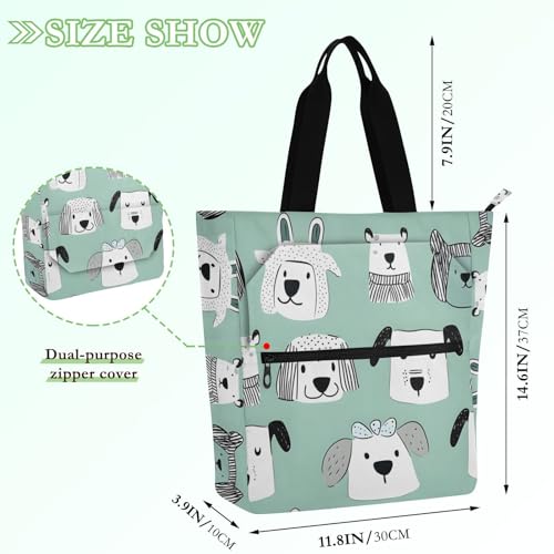 Cute Dog Stick Figure Tote Bag for Book Lovers Reusable Bags with Zipper Pocket for School Work Shopping2