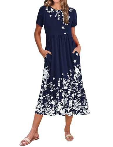 Image of Zeagoo Women Summer Midi A Line Dress Short Sleeve Casual Flowy Tiered Beach Long Sundress with Pockets 2026 Vacation Travel