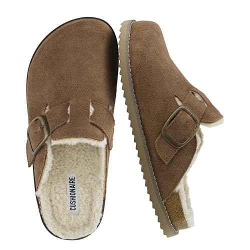 CUSHIONAIRE Blain Fur Genuine Suede Clogs for Women Cozy Slip-On Womens Slippers with Detailed Stitching and Memory Foam Comfort Brown 8