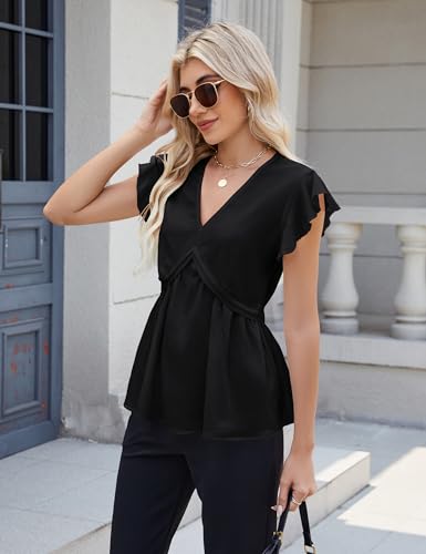 Blooming Jelly Womens Peplum Tops Dressy Casual V Neck Ruffle Short Sleeve Ruched Business Blouses Trendy Clothes3