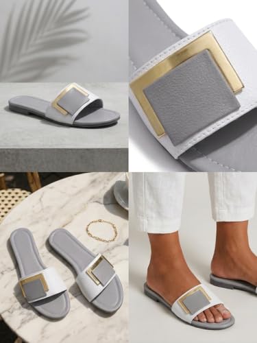 Image of Women's Slide Sandals with Square Gold Buckle, White & Grey