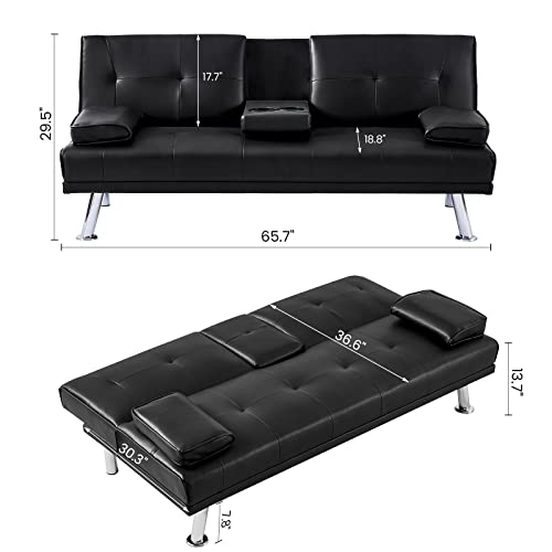 Awqm Faux Leather Futon Sofa Bed Upholstered Modern Convertible Sofa Bed Small Couch Bed Adjustable Couch Sleeper For Compact Living Space, Removable Armrests, Metal Legs, 2 Cupholders, Black #TOP1