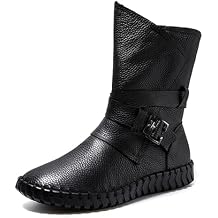 KCTRFSJ Women's Winter Warm Fashion Flat Ankle Booties with Side Zipper,Retro Handmade Leather Buckle Decor Casual Platform Non-Slip Waterproof Mid Calf Boots