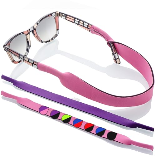 Sunglass Glasses Strap - 2 Pack Sport Eyewear Retainer - Anti Slip Fast Drying - Fits All (Purple + Pink)
