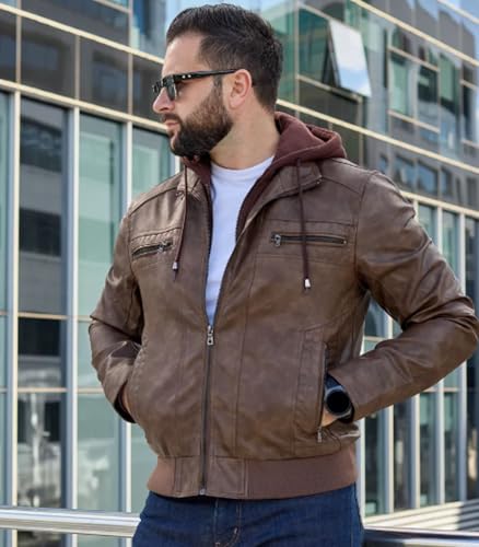 Image of FTIMILD Men's Leather Jacket Motorcycle Jacket Windproof PU Vintage Bomber Jacket with Removable Hood