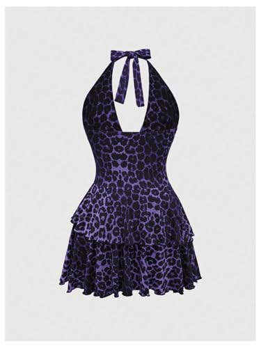 Image of SOLY HUX Women's Plus Size Leopard Print Halter Dress Y2k Gothic Deep V Cheetah Tie Backless Layered Ruffle Mini Dresses