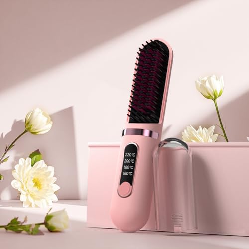 Cordless Hair Straightener Brush, Portable Straightening Brush for Women, Mini Negative Ion Hot Comb...