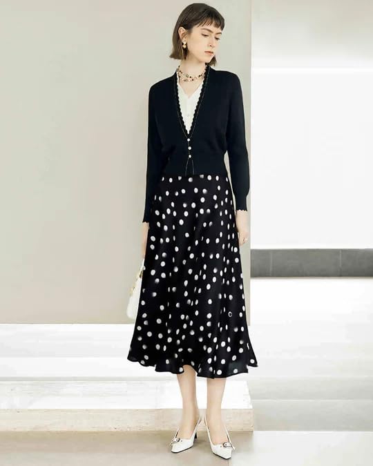 Women's Polka Dot Silk Midi Skirt - 19 Momme Mulberry Crepe de Chine, A-Line for Wedding/Office2