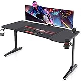 Devoko Gaiming Tisch 140cm Gaming Schreibtisch Gamer Computertisch Ergonomischer PC Schreibtisch mit Kabelaufbewahrungsbox, Getränkehalter und Kopfhörerhalter T-förmiger, Schwarz, 140 x 75 x 60 cm