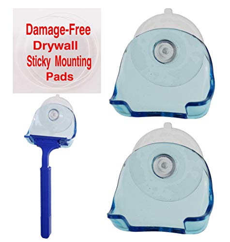 2 Suction Cup Razor Holder for Shower- Mount (DAMAGE FREE) with no Damage to Drywall with 3 Sticky Pads that are Removable and Reusable Special Drywall Sticky Pads. (Sticky Mounting Pads works Great