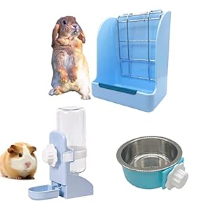 Guinea Pig No Drip Water Bottle and Food Bowl Rabbit Hay Feeder ，Hanging Automatic Rabbit Water Bowl and Food Bowl Guinea Pig Feeder for Small Animal Cage