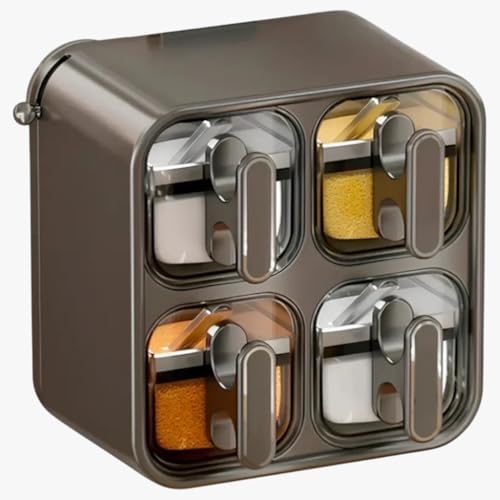 Porta Temperos de Parede com 4 Compartimentos, Colheres Dosadoras, Fixação por Ventosa, 19,5 x 19 x 13 cm, Cinza