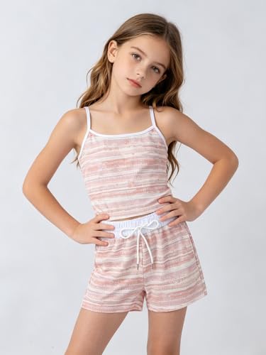 Image of Size 7-14Y Girls Clothes 2 Piece Outfits Striped Tank Top Drawstring Shorts Teen Girls Summer Clothing Sets