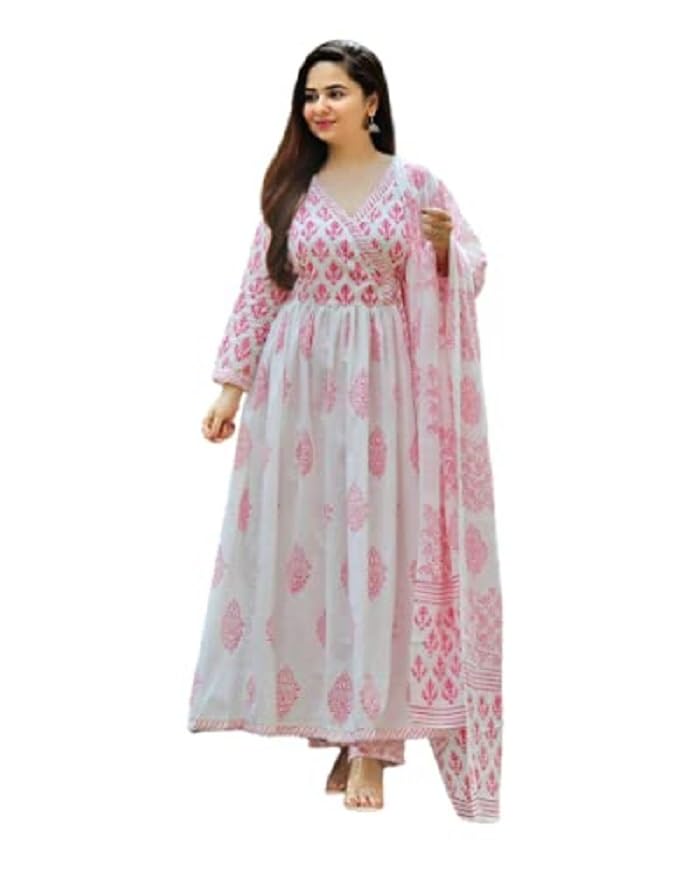 Image of Yashika Paisley Regular Women's Trendy Printed Cotton Blend Flared White & Pink Color Angrakha Style Lace Kurta Palazzo Set with Dupatta(YS-KS2066-M)