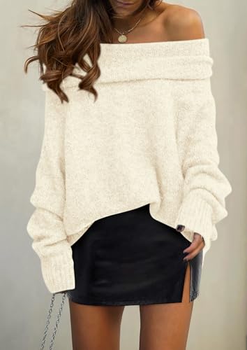 PRETTYGARDEN Women's Off The Shoulder Sweater Long Sleeve Tops 2025 Fall Loose Knit Pullover Sweaters Winter Clothes