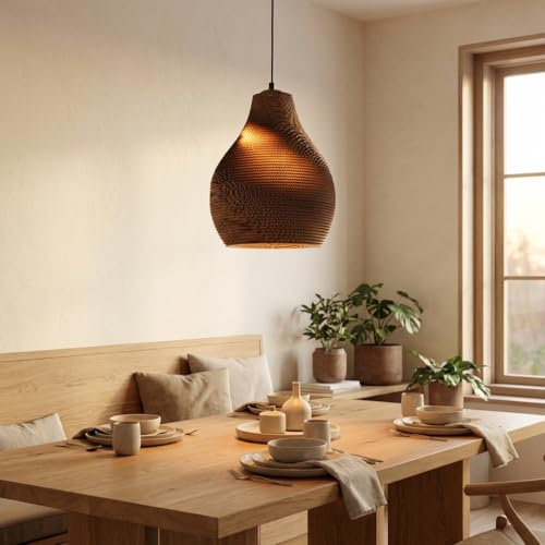 BARCELONA LED Lámpara colgante ONDARA de cartón corrugado, estilo vintage industrial moderno, acabado en madera oscura, perfecta para comedor, dormitorio, escalera o salón, minimalista y natural 30cm