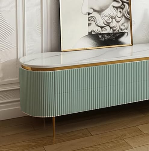 Image of Mazzo Modern TV Unit /Console - 70 inchx12 inchx18 inch White Marble Top with Golden Acrylic, Waterproof Plywood & Charcoal Louvers - Media Cabinet | Modern TV Stand Console Without Storage (Green)