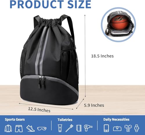 Image of Drawstring Gym Bag for Men, Waterproof Drawstring Backpack for Women, Swim Bag with Shoes Compartment, Pull String Sport Bag for Soccer and Basketball Black.