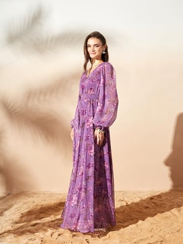 Image of Miss Chase Women's Multicolored-Base-Brown Relaxed Fit Maxi Lurex Chiffon Dress