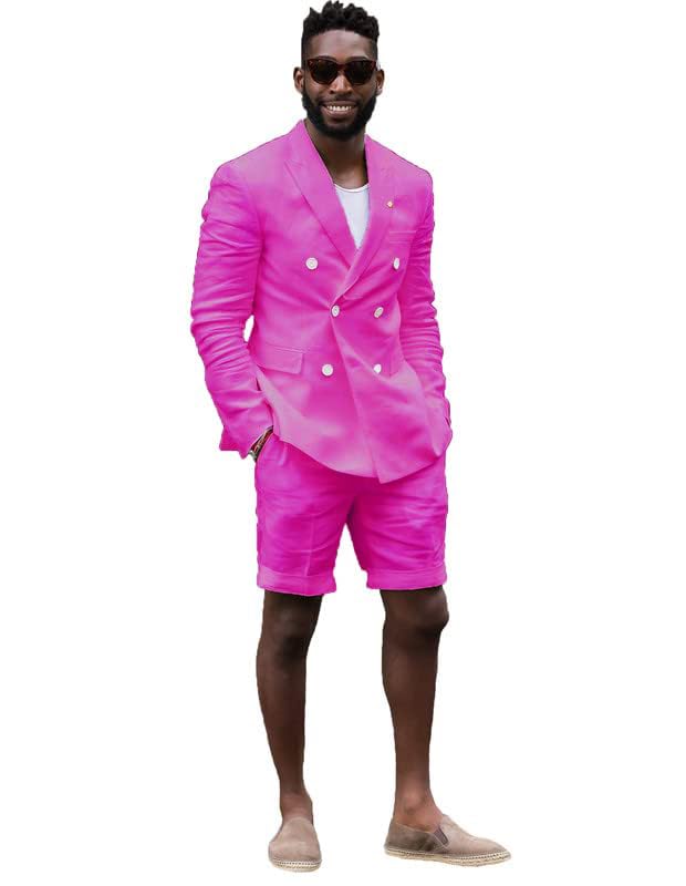 2 PC Men Linen Suit Slim Fit Short Summer Beach Wedding Tuxedo Casual Blazer Pants Set