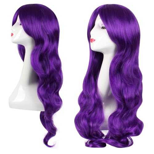 Porsmeer Halloween Witch Wig – Long Purple Wavy Hair Wig For Women, Girls – Black Witch Hat Included thumb #2