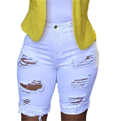 JEKE-DG Womens High Waist Ripped Short Jeans Washed Summer Hole Casual Short Jeans Destroyed Stretchy Shorts Jeans (X-Large,White)