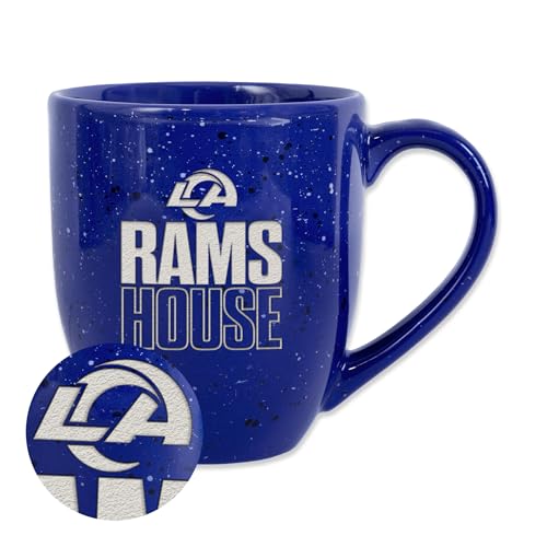 Rico Industries NFL Football Los Angeles Rams Rams House 16 oz Team Color Laser Engraved Speckled Ceramic Coffee Mug