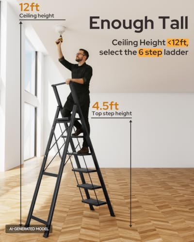 Image of 6 Step Ladder for 12 Feet High Ceiling, Lightweight Aluminum Folding Step Stool with Convenient Handgrip, Stepladders with Anti-Slip and Wide Pedal for Home Use Space Saving - Black