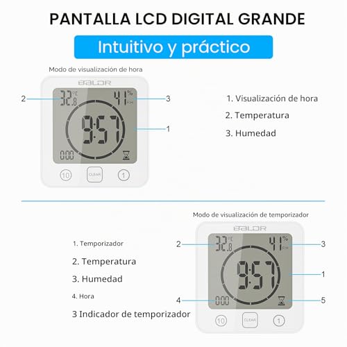 Miniatura 3 de Zonjie Reloj De Baño Reloj De Ducha Impermeable Para Baño, Temporizador De Ducha Digital, Reloj De Baño Con Ventosa, Indicador De Temperatura Y Humedad, Reloj De Pared Táctil Para Ducha Blanco