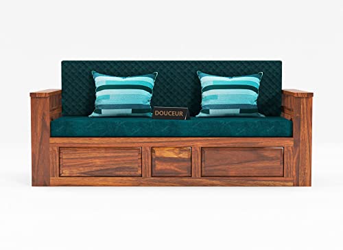Image of Douceur Furnitures Solid Sheesham Wood Wooden Frame Three 3 Seater Sofa Cum Bed for Living Room,Hotels,Apartment & Hall | Finish:-Natural Finish | Cushion:-Bottle Green