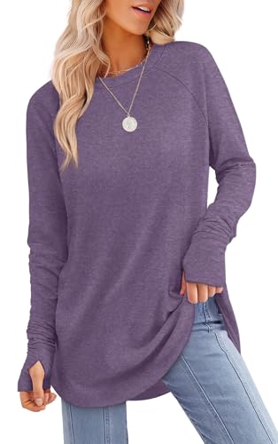 Image of XIEERDUO Womens Tunic Tops to Wear with Leggings Long Sleeve Thumb Hole Shirts Crew Neck Curved Hem