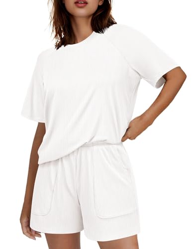 Ekouaer Women Pajama Sets Ribbed Knit 2 Piece Lounge Set Short Sleeve Pjs Summer Loungewear Sleepwear with Pockets White L