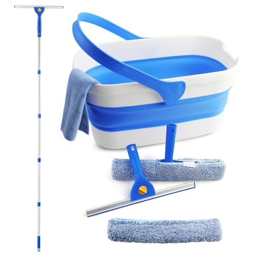 Kit de nettoyage de fenêtre avec seau pliable de 12 litres, raclette de fenêtre de 35,6 cm et brosse à récurer de 38,1 cm avec poignée de 154,9 cm de...
