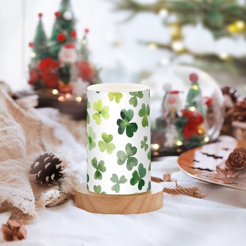 Image of St. Patrick's Day Lights Flameless Candles Patrick's Day Green Shamrock Leaves Pillar Candles Set of 2 Battery Operated Remote Control Warm Lights Home Decor