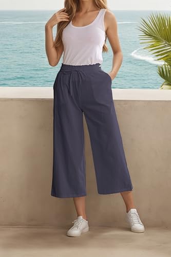 Image of LNX Womens Linen Capri Pants Wide Leg High Waisted Drawstring Casual Cropped Pants with Pockets