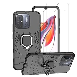 ZMONE Phone Case for Xiaomi Redmi 12C Case with Glass Screen Protector [2 Pack] Heavy Duty Dual Layer Military Grade Shockproof Protective Cover with Magnetic Ring Kickstand – Black