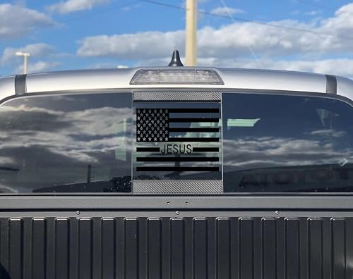 Image of Xinghe for 2019-2026 Chevy Silverado GMC Sierra, Rear Middle Window Jesus American Flag Decals Stickers, Matte Black Vinyl Sticker for Center Sliding Back Window, Patriotic Truck Accessory