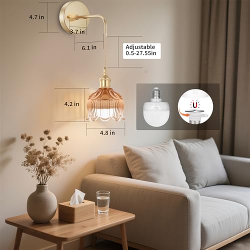 Image of Battery Operated Wall Sconces CCT Dimmable Wireless Sconces Set of 2, Vintage Light Fixture with Amber Flower Glass Lampshade Wall Decor Set of 2 for Living Room Bedroom Bedside Bathroom