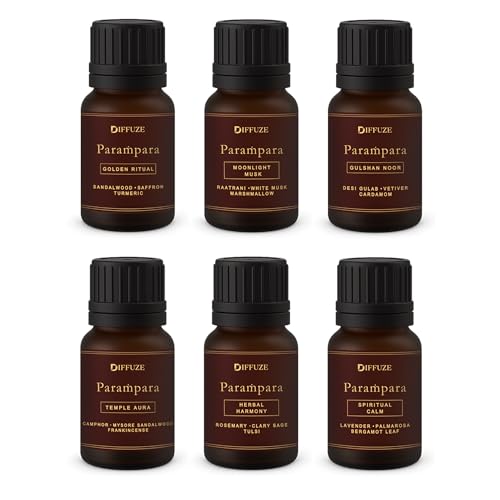 Image of DIFFUZE Essential Oil Set | Parampara Collection - Set of 6 x 15 ml Aroma Oil Gift Box | Premium Fragrance Oil set for Diffuser, Candle Making, Aromatherapy | Long-Lasting Luxury diffuser oil for Home