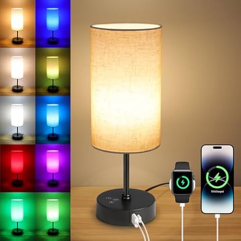 Ascher RGB Table Lamp Color Changing - 3 Color Temperatures and Stepless Dimmable Small Bedside Lamp for Bedroom, Touch Control Nightstand Light with Flaxen Shade for Reading Home Decor Lights Cover
