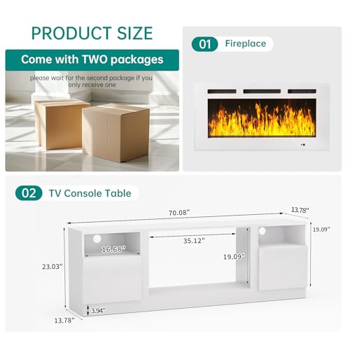 Image of MXV 70 inch Fireplace TV Stand for TVs Up to 80 inch, LED Light Entertainment Center with 36 inch Electric Fireplace, Modern Wood Texture TV Media Console with Highlight Storage Cabinet, White-White