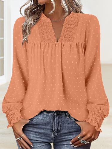 BETTE BOUTIK Women Boho Long Sleeve Shirts Dressy Casual V Neck Fall Fashion Tops Swiss Dot Flowy Blouses