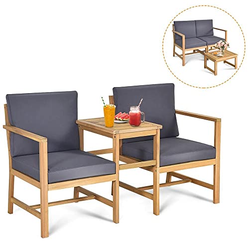 Quul 3 Pcs Patio Table Chairs Set Solid Wood Thick Cushion Sectional Garden Furniture #TOP4